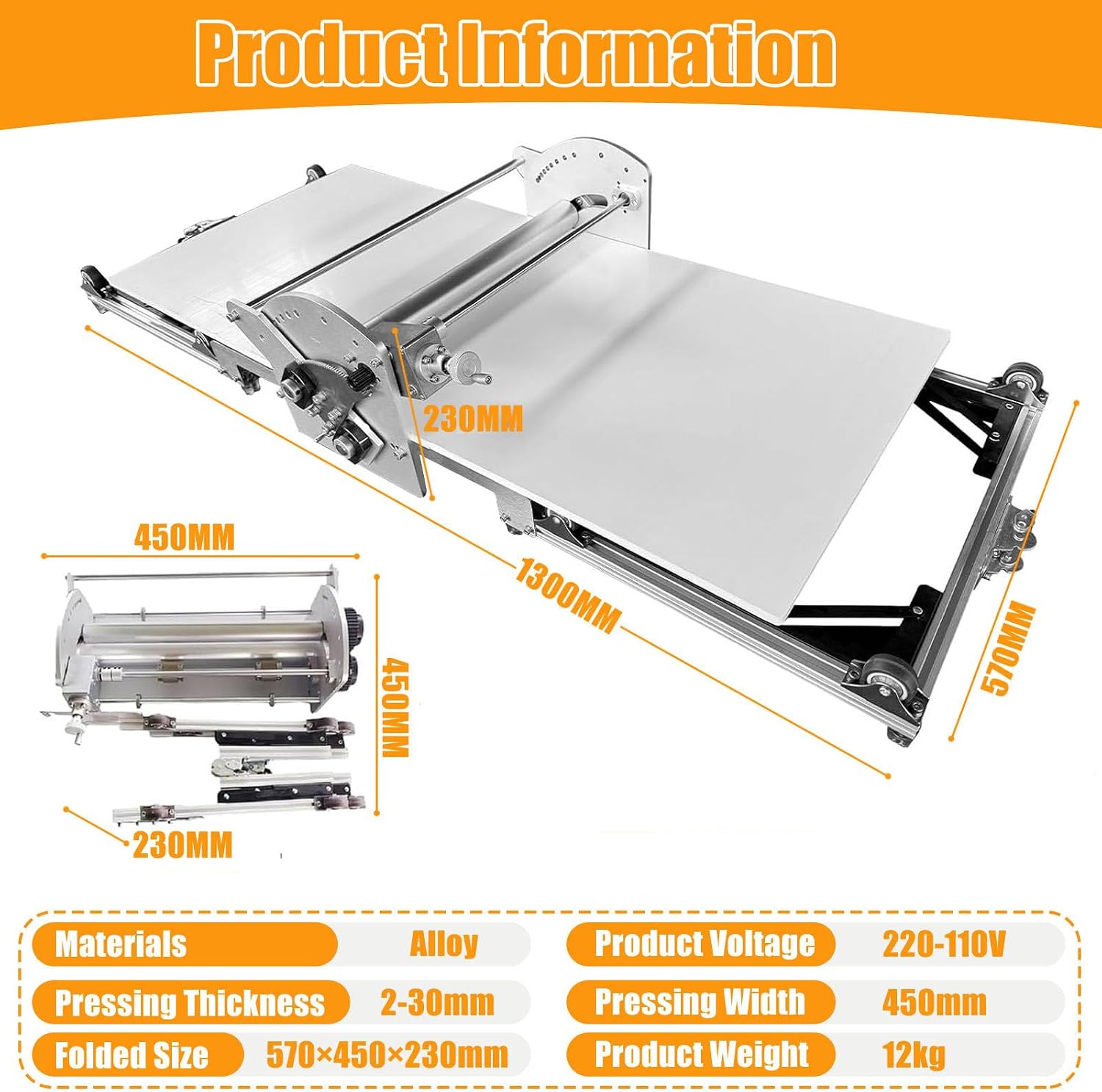 17.7' Folding Dough Sheeter, Dough Rolling Machine, Electric Dough Sheeter Machine for Home, Stainless Steel Dough Machine with 0.08'-1.18' Adjustable Thicknesses