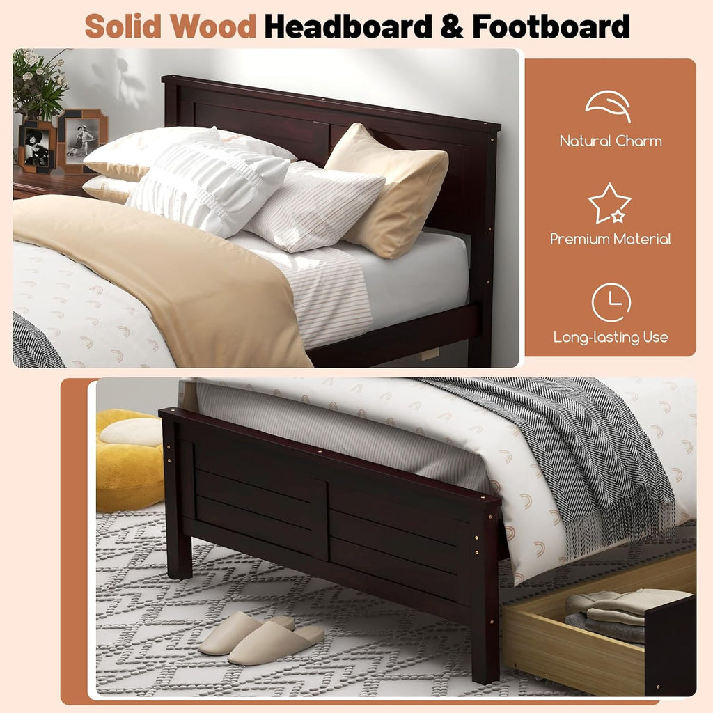 GOFLAME Twin Size Bed Frame with 2 Drawers, Platform Bed with Solid Wood Headboard & Footboard, Wood Slats Support Mattress Foundation, Under Bed Storage, No Box Spring Needed, Easy Assembly, Espresso