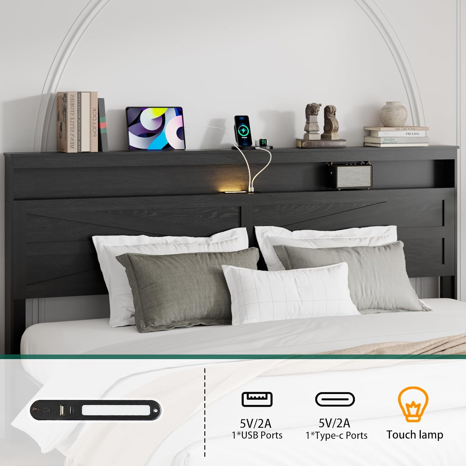 King Size Bed Frame with Headboard, Rustic Farmhouse Wood Bed Frame with LED Lights and Charging Station, Easy Assembly, No Box Spring Needed (Black, King)