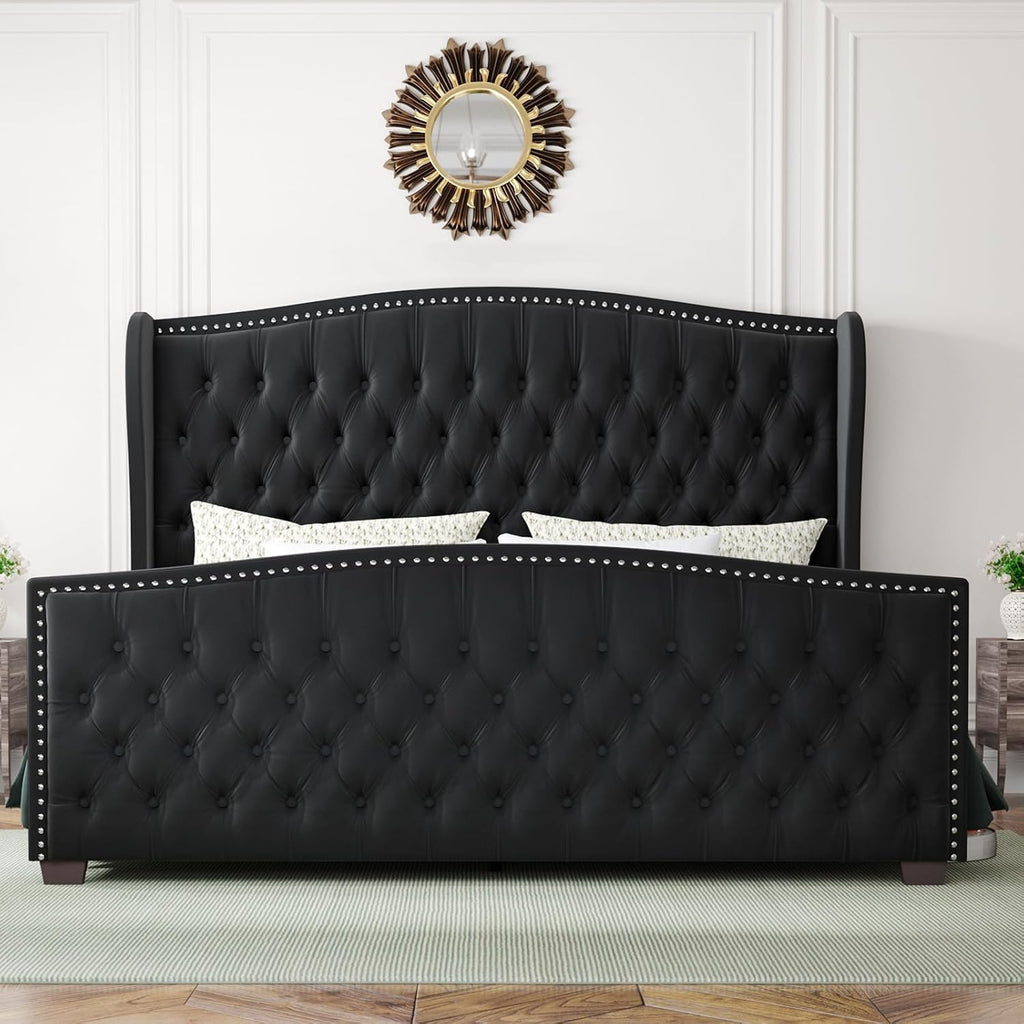 LUXOAK King Platform Bed Frame with Wingback Headboard, Velvet Upholstered Bed Frame with Handmade Button Tufted & Nailhead, Wooden Slats Support, Black