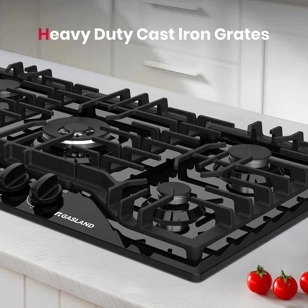 GASLAND Gas Cooktop 36 Inch with Griddle, 5 Burner Propane Stovetop with Reversible Cast Iron Grill/Griddle, Gas Countertop Plug-in, NG/LPG Convertible Cooktops, Black