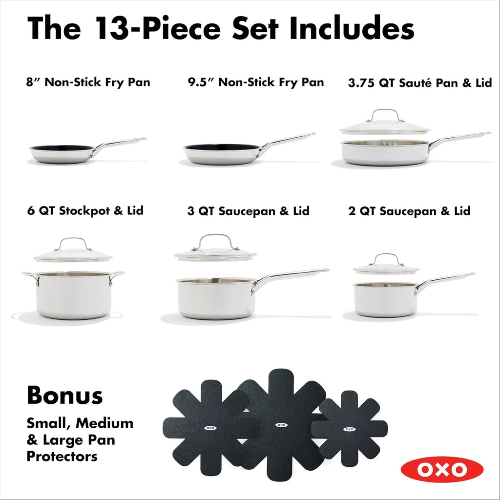 OXO 13 Piece Stainless Steel Cookware Set, Tri-Ply Multiclad Pots & Pans, PFAS-Free Ceramic Nonstick Coated Frying Pans, Induction Compatible, Dishwasher & Oven Safe, Sauce, Stock, Saute, Silver