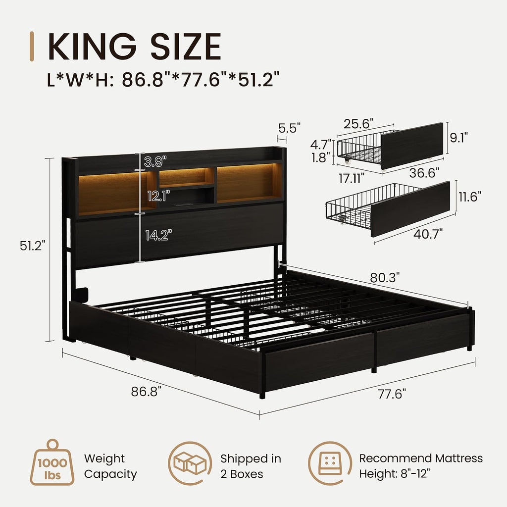 BRELTAM King Storage Bed Frame with 6 Drawers, USB Charging Station, No Noise, No Box Spring Required, Vintage Black Headboard Platform Bed