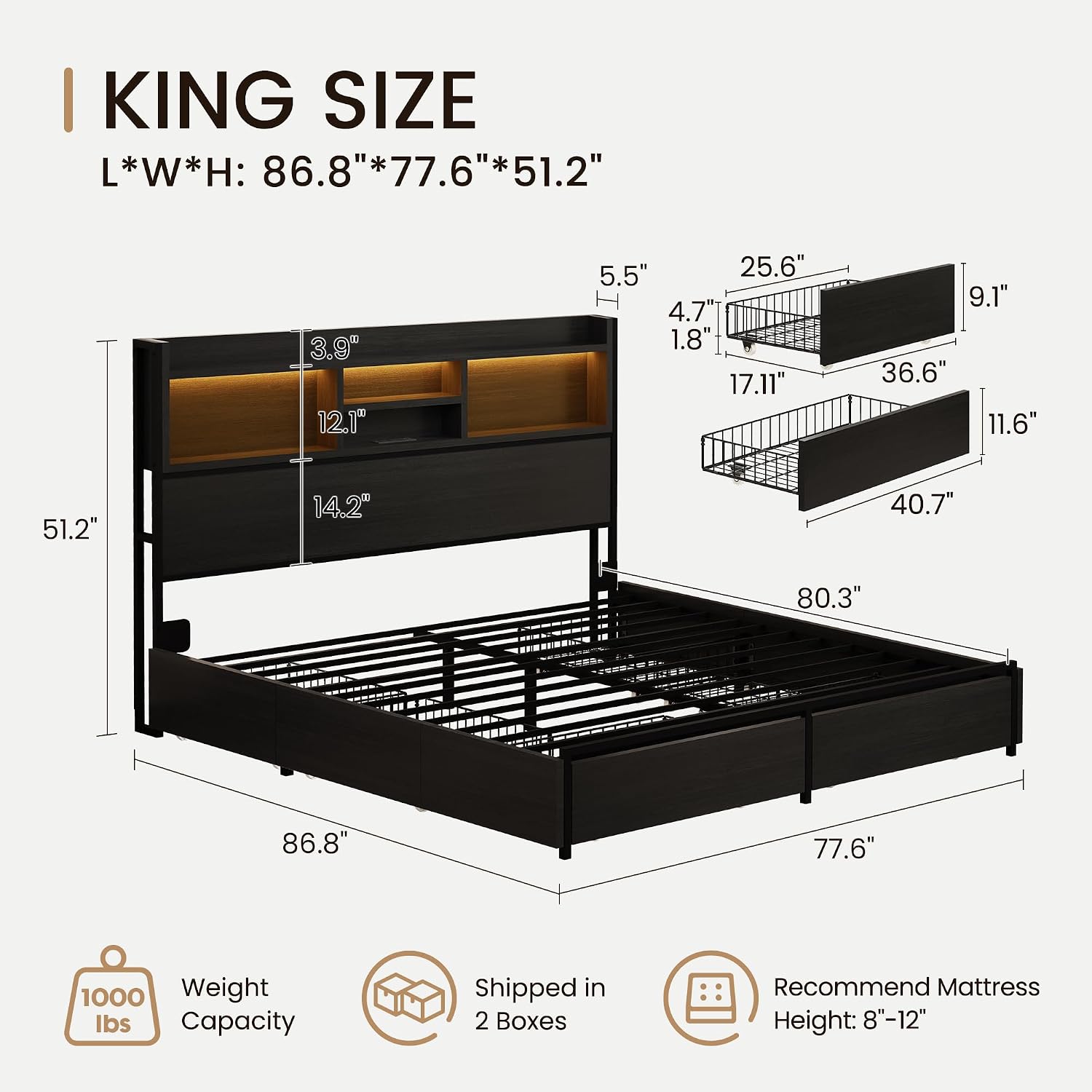BRELTAM King Storage Bed Frame with 6 Drawers, USB Charging Station, No Noise, No Box Spring Required, Vintage Black Headboard Platform Bed