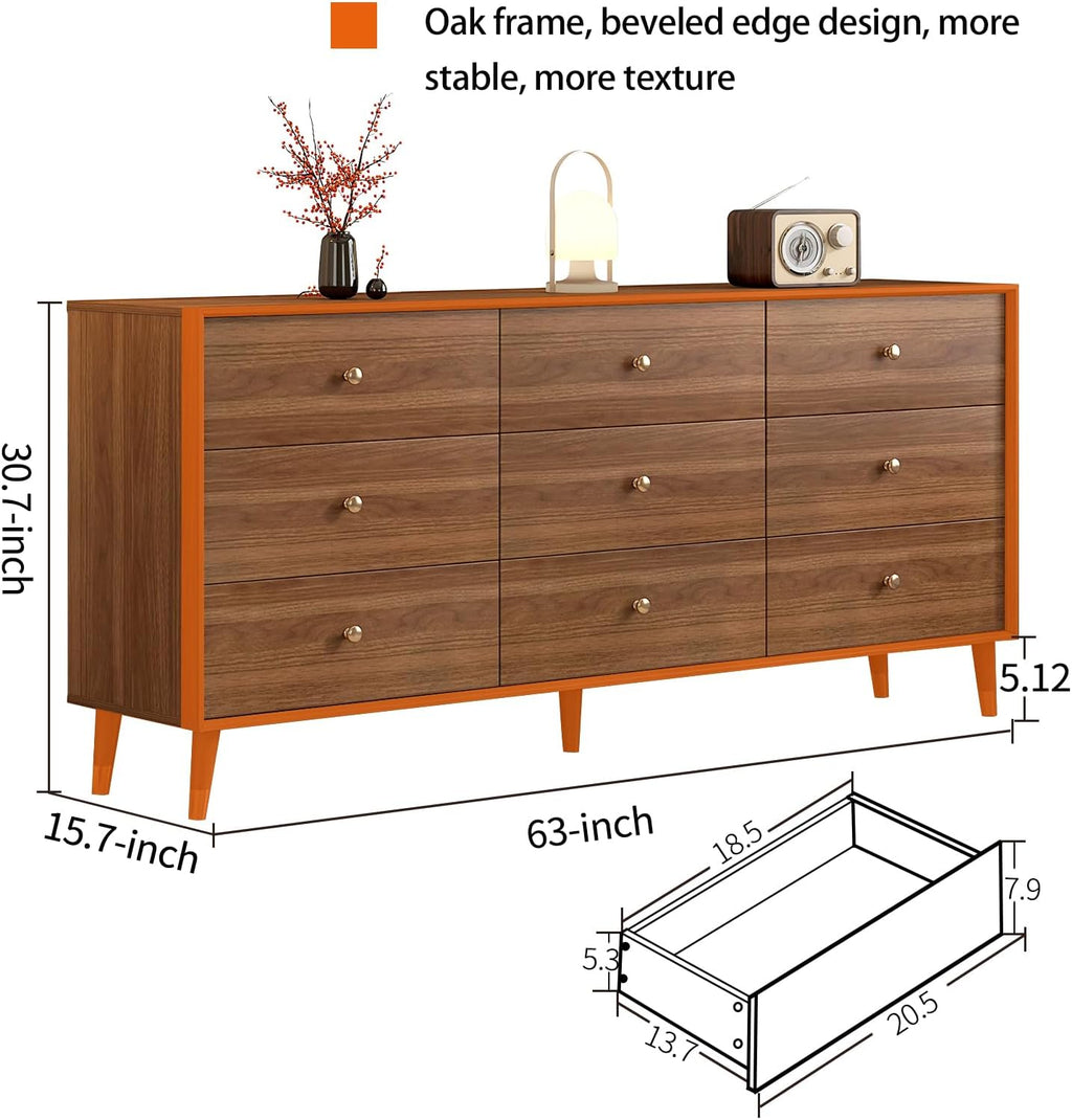 Messenya 9 Drawer Dresser for Bedroom, 63 Inch Walnut Dresser for Closet, Mid Century Wood Chest of Drawers with Natural Texture & Pre-Embedded Slots for TV Stand, Living Room, Hallway, Office