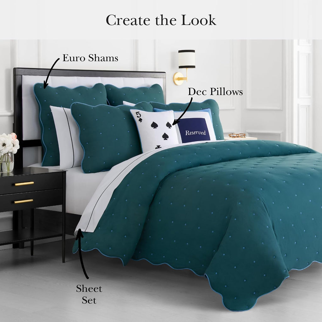kate spade new york Scalloped Edge 3-Piece King Quilt Bedding Set, 100% Cotton Voile Reversible Cover, All Season Bedding, Machine Washable, Blue Spruce