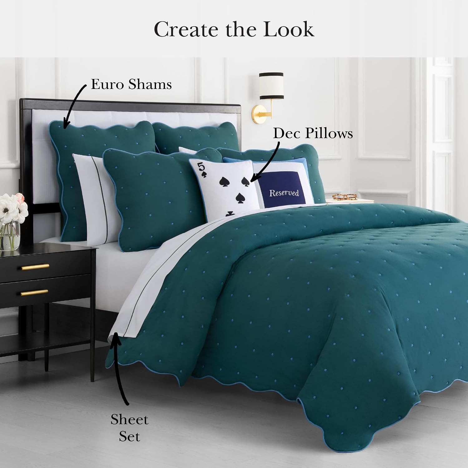 kate spade new york Scalloped Edge 3-Piece King Quilt Bedding Set, 100% Cotton Voile Reversible Cover, All Season Bedding, Machine Washable, Blue Spruce