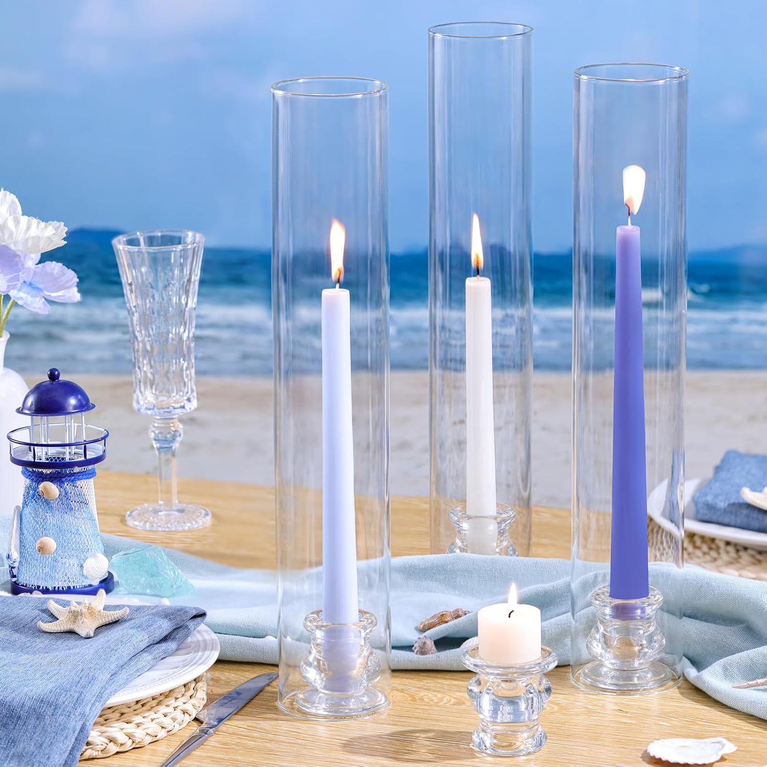 Volens Hurricane Glass Candle Holders Bulk- Set of 24 Candlestick Holders for Taper Candles with Windproof Cylinder Covers 14' Tall Clear Glass Chimney Cover for Wedding Table Centerpiece