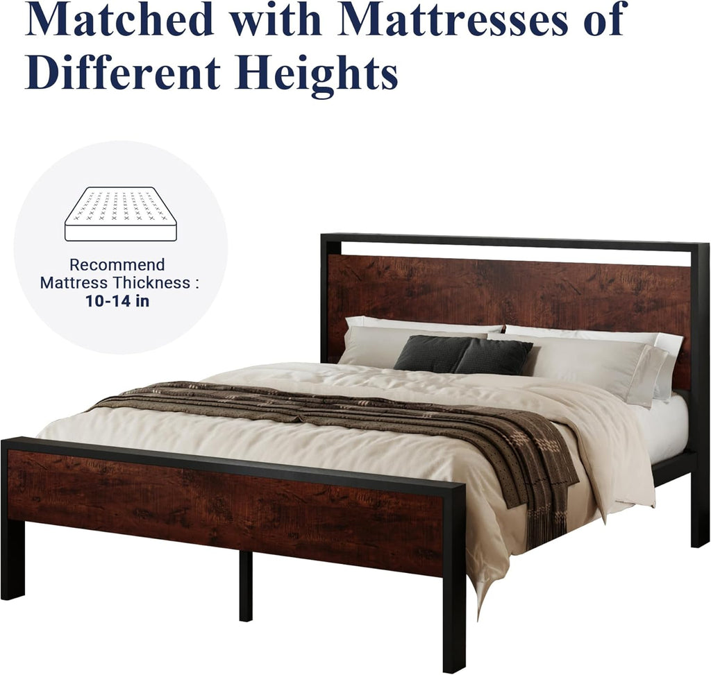 Allewie Queen Size Platform Bed Frame with Wooden Headboard and Footboard, Heavy Duty 12 Metal Slats Support, No Box Spring Needed, Under-Bed Storage, Noise Free, Easy Assembly, Mahogany