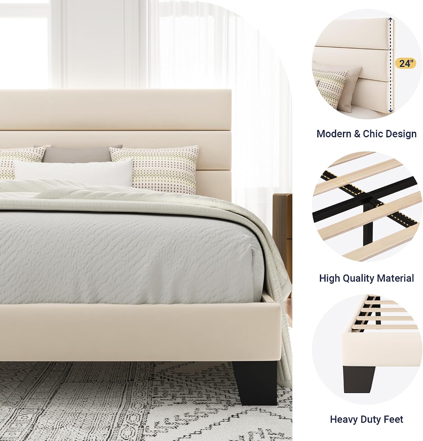 Allewie Full Size Platform Bed Frame with Velvet Upholstered Headboard and Wooden Slats Support, Fully Upholstered Mattress Foundation/No Box Spring Needed/Easy Assembly, Cream