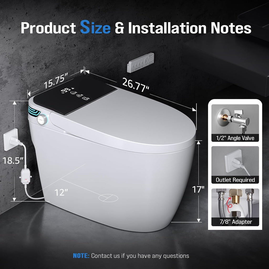 Tankless Smart Toilet Bidet with Auto Open/Close, Dual Auto Flush, Heated Seat, Air Dryer, Multiple Cleaning Modes, One-Piece Design, Blackout Flush, Ideal for Modern Bathrooms