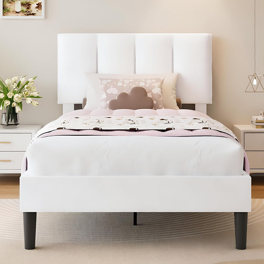 VECELO Twin Size Bed Frame with Upholstered Headboard, Heavy-Duty Bedframe with Wooden Slats & Steel Framework, Easy Assembly, Pure White