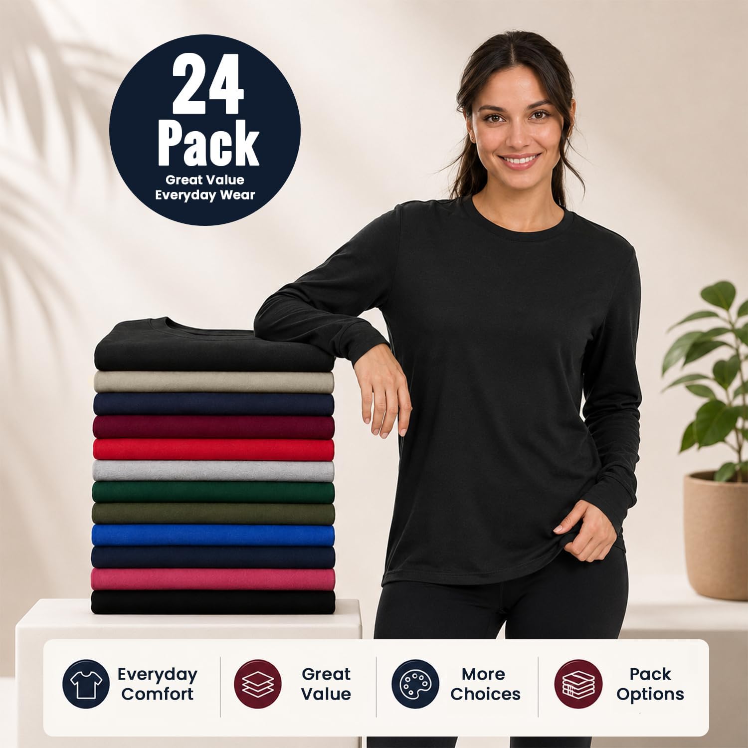 Womens Long Sleeve Oversized T-Shirts Cotton Casual Fit Sleeved Tees Tops Baggy Style Bulk Wholesale Tshirt Packs