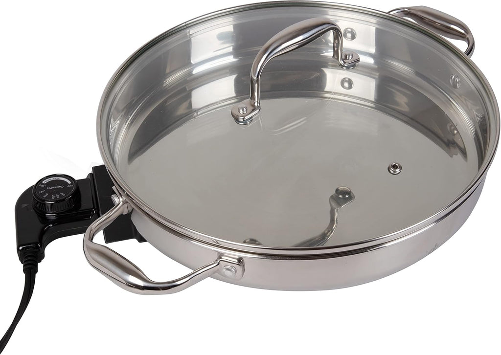 Electric Skillet By Cucina Pro - 18/10 Stainless Steel Frying Pan with Tempered Glass Lid and Handles, 12' Round, Adjustable Temperature Control Knob, Portable and Includes Recipe Guide, Great Gift