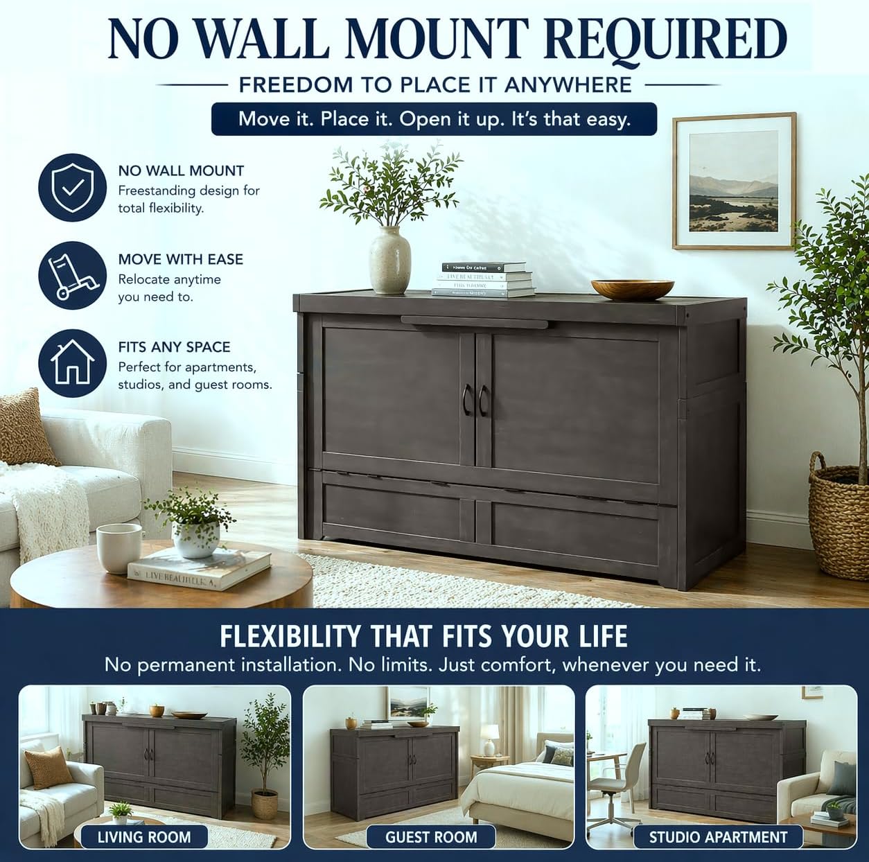 NIGHT & DAY Furniture Murphy Cube Cabinet Bed (Stonewash, Queen)