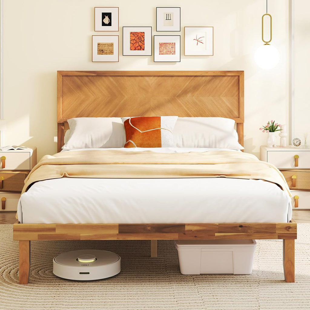 Giantex Wood Full Size Bed Frame with Headboard, Solid Acacia Wood Platform Bed with 12 Strong Wooden Slat Support, Scandinavian Style Art Deco Full Bed Frame, No Box Spring Needed, Rustic Brown