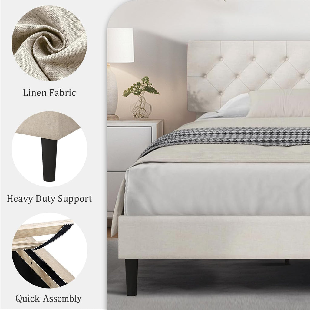 HOMBCK King Size Bed Frame, Linen Fabric Upholstered Bed Frame King Size with Headboard, Wood Slats Support, Button Tufted Design, No Box Spring Needed, White