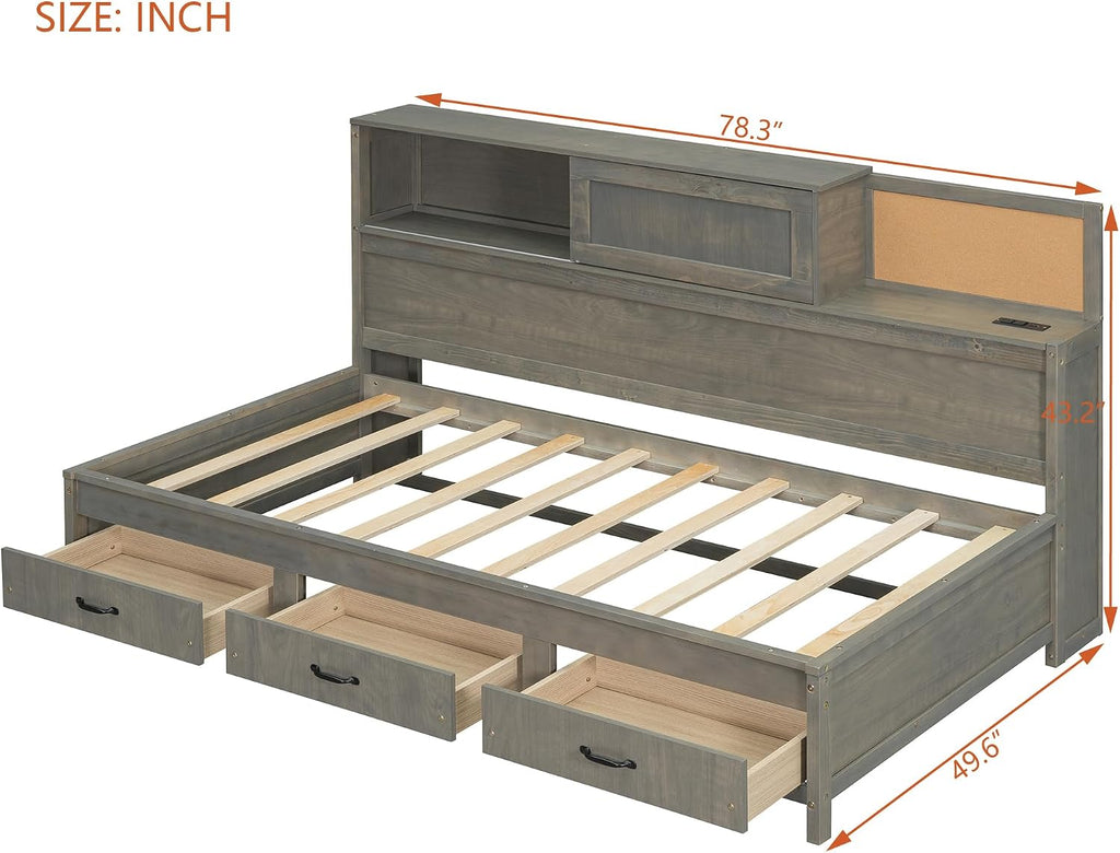 Merax Twin Size Daybed with 3 Storage Drawers,Headboard with Shelf,A Set of Sockets and USB Ports,Grey