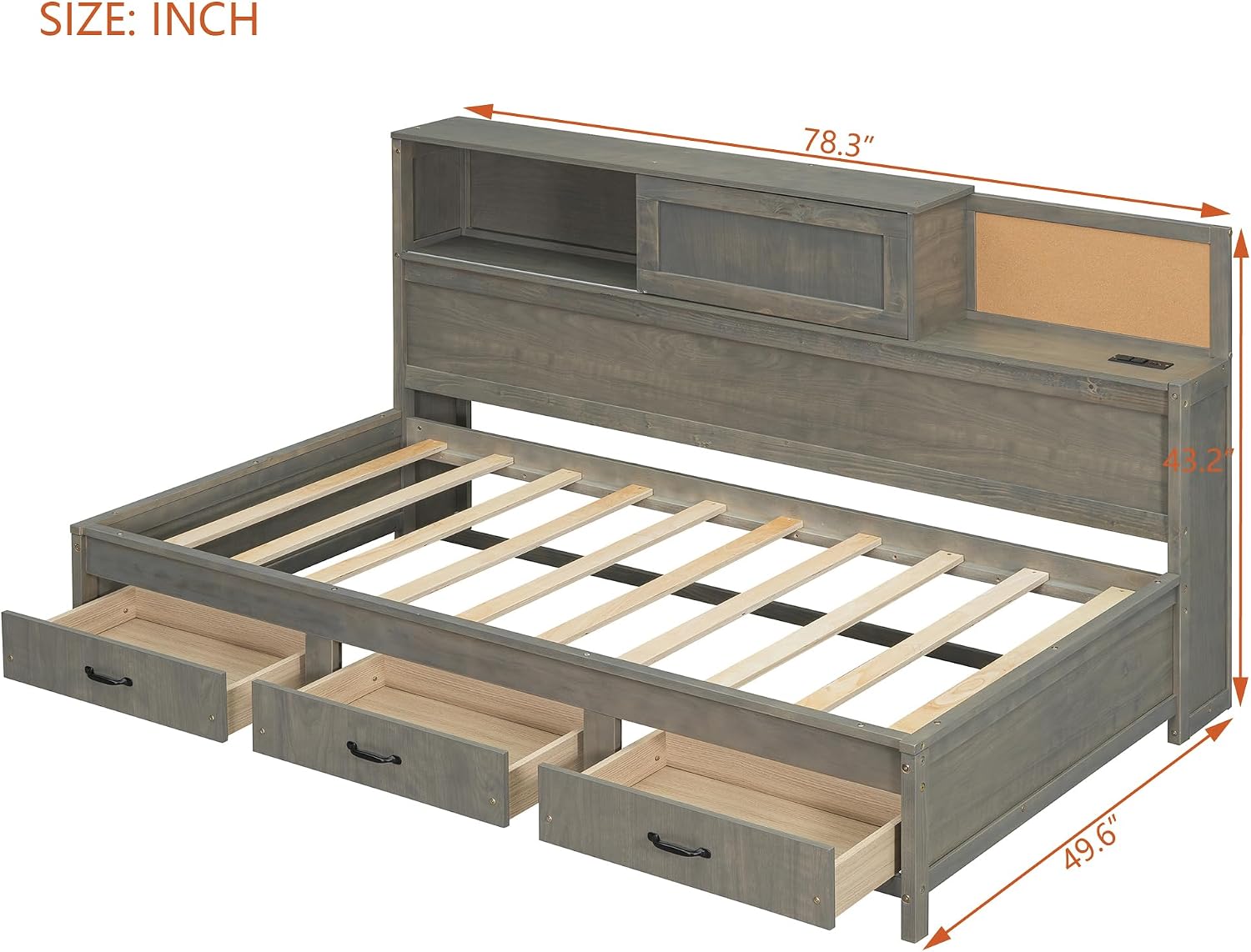 Merax Twin Size Daybed with 3 Storage Drawers,Headboard with Shelf,A Set of Sockets and USB Ports,Grey