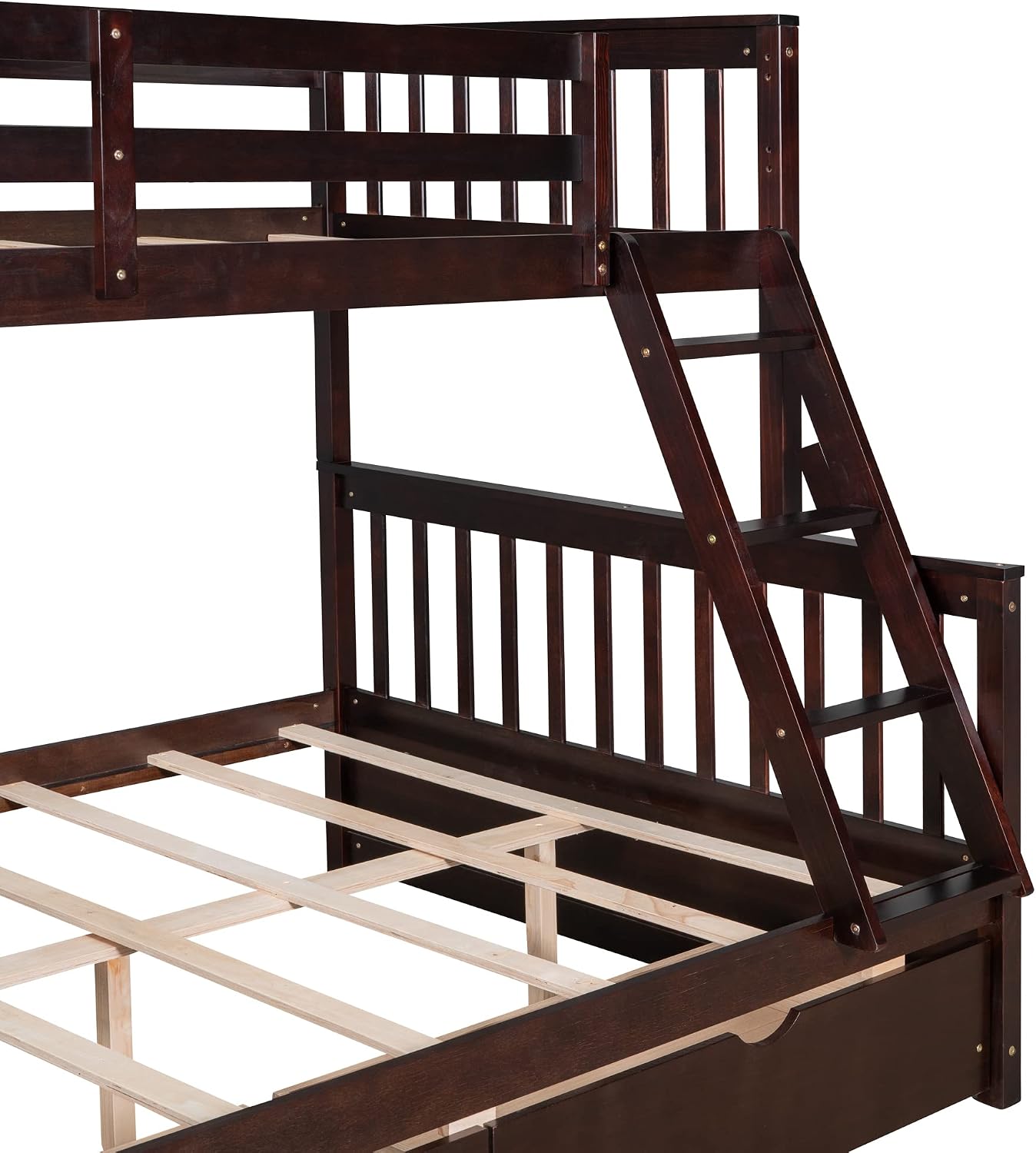 Harper & Bright Designs Twin Over Full Bunk Bed with Two Storage Drawers,Guardrails and Ladder,Solid Wood Bunk Bed Convertible to 2 Separated Platform Beds (Espresso)