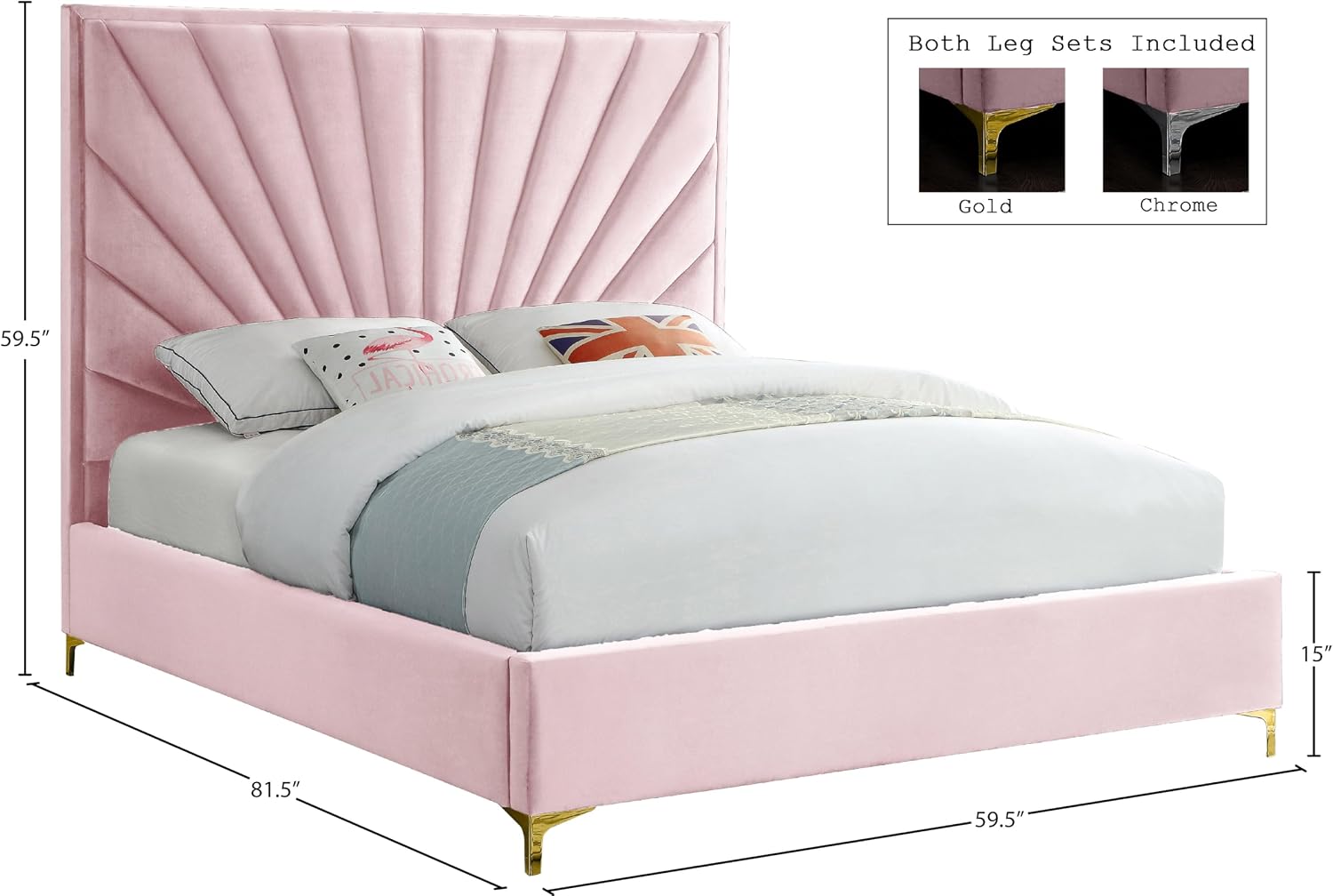 Meridian Furniture Eclipse Collection Modern | Contemporary Velvet Upholstered Bed with Channel Tufted Design and Complete Sets of Gold and Chrome Legs Included, Full, Pink