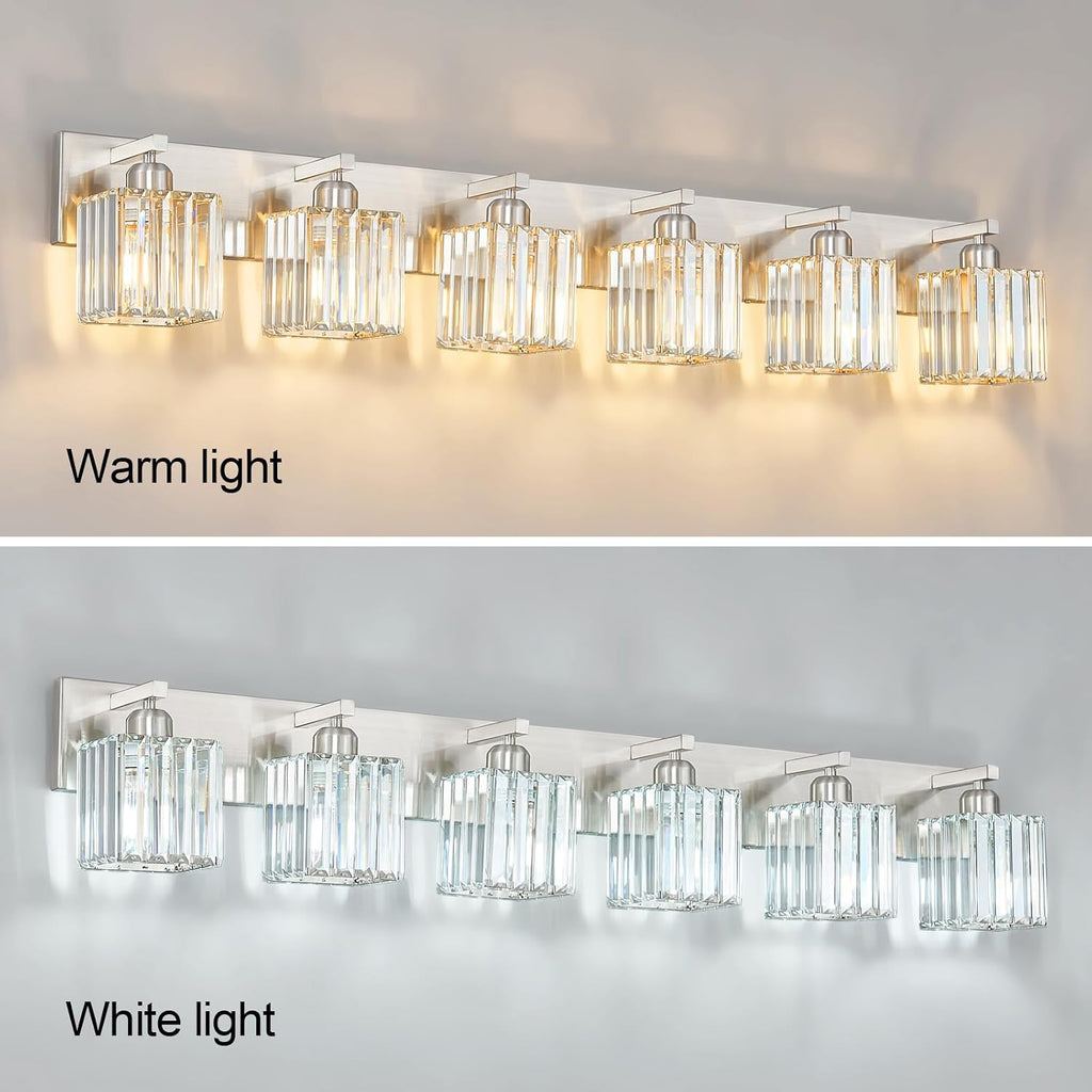 Modern Vanity Light 6-Lights Brushed Nickel Vanity Light Crystal Bathroom Wall Light Bathroom Light Fixtures