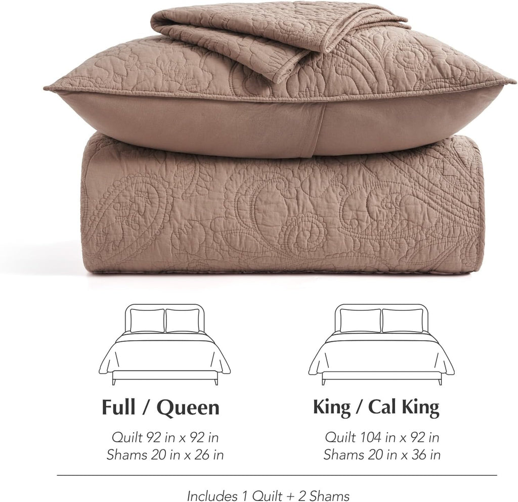EVERGRACE 100% Cotton Paisley Quilt Set, King Size 3 Piece Set – Prewashed Lightweight Bedspread with 2 Shams, Soft Matelasse-Style Quilted Coverlet for All-Season, Dusty Brick (Red Undertones)