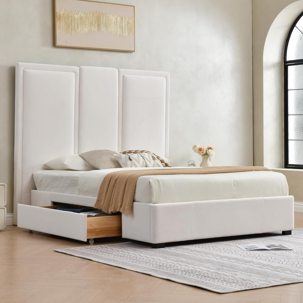 YUHUASHI Queen Size Bed Frame with 64-inch High Headboard, Simple and Airy Linen Upholstered Platform Bed with Storage Drawers, Wood Slat, No Noise (White, Queen (U.S. Standard))