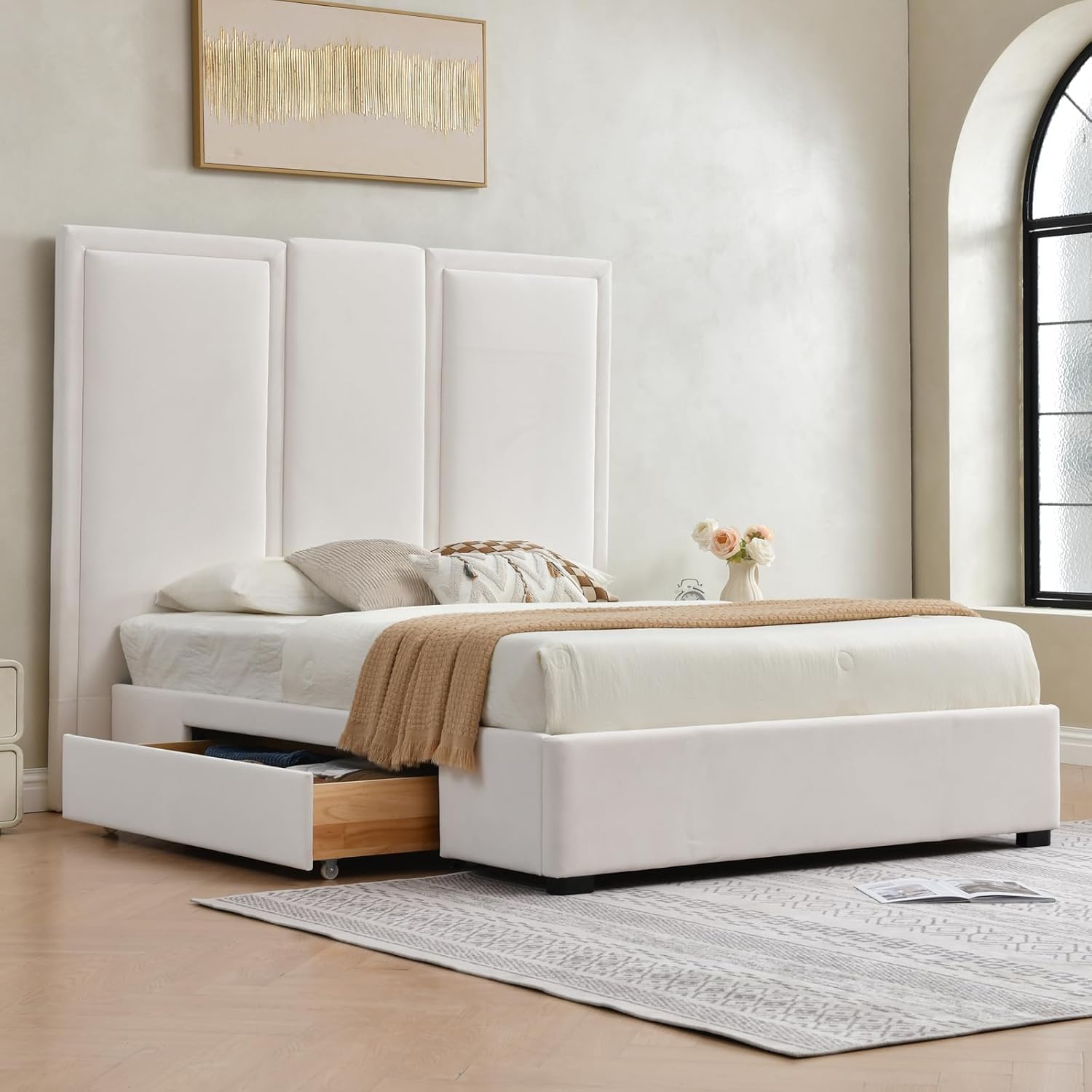 YUHUASHI Queen Size Bed Frame with 64-inch High Headboard, Simple and Airy Linen Upholstered Platform Bed with Storage Drawers, Wood Slat, No Noise (White, Queen (U.S. Standard))
