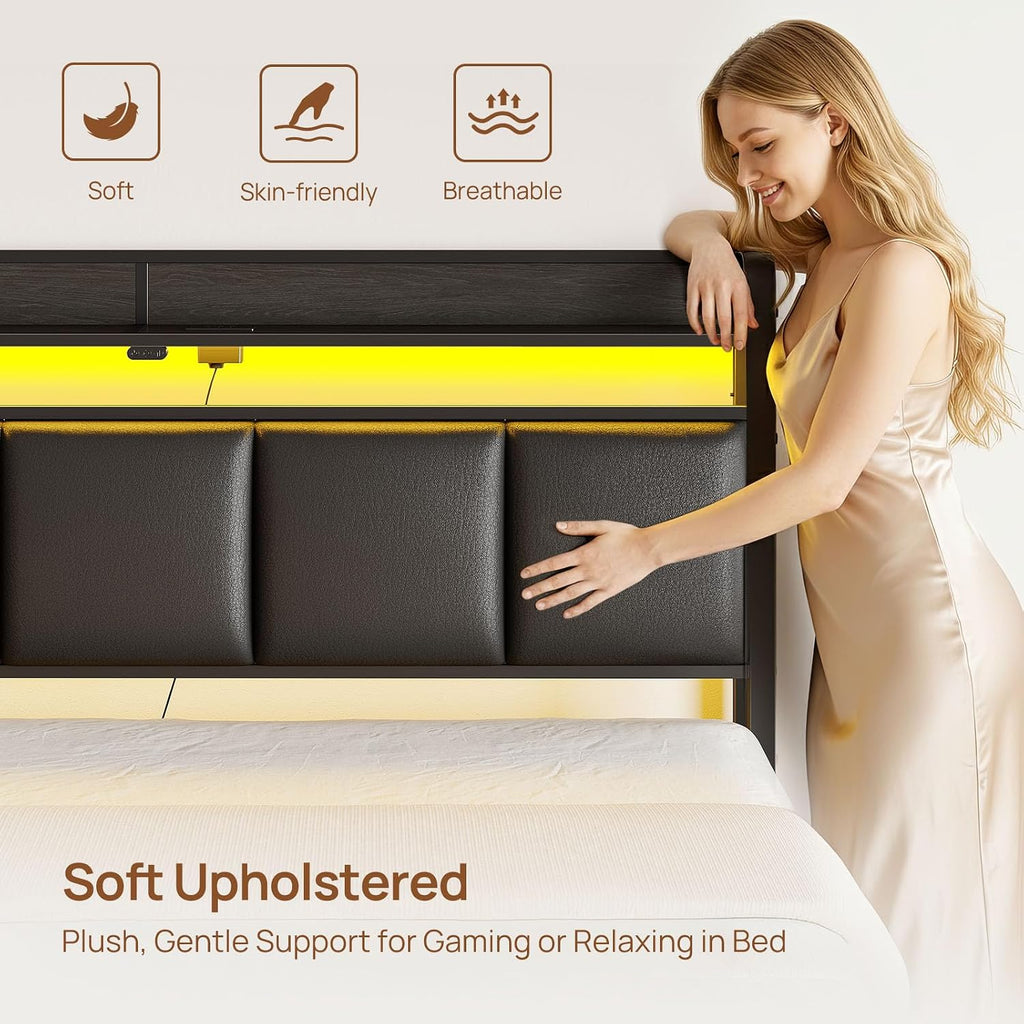 Rolanstar Bed Frame Full Size with Charging Station and LED Lights, Upholstered Storage Headboard with Drawers, Heavy Duty Metal Slats, No Box Spring Needed, Easy Assembly, Black