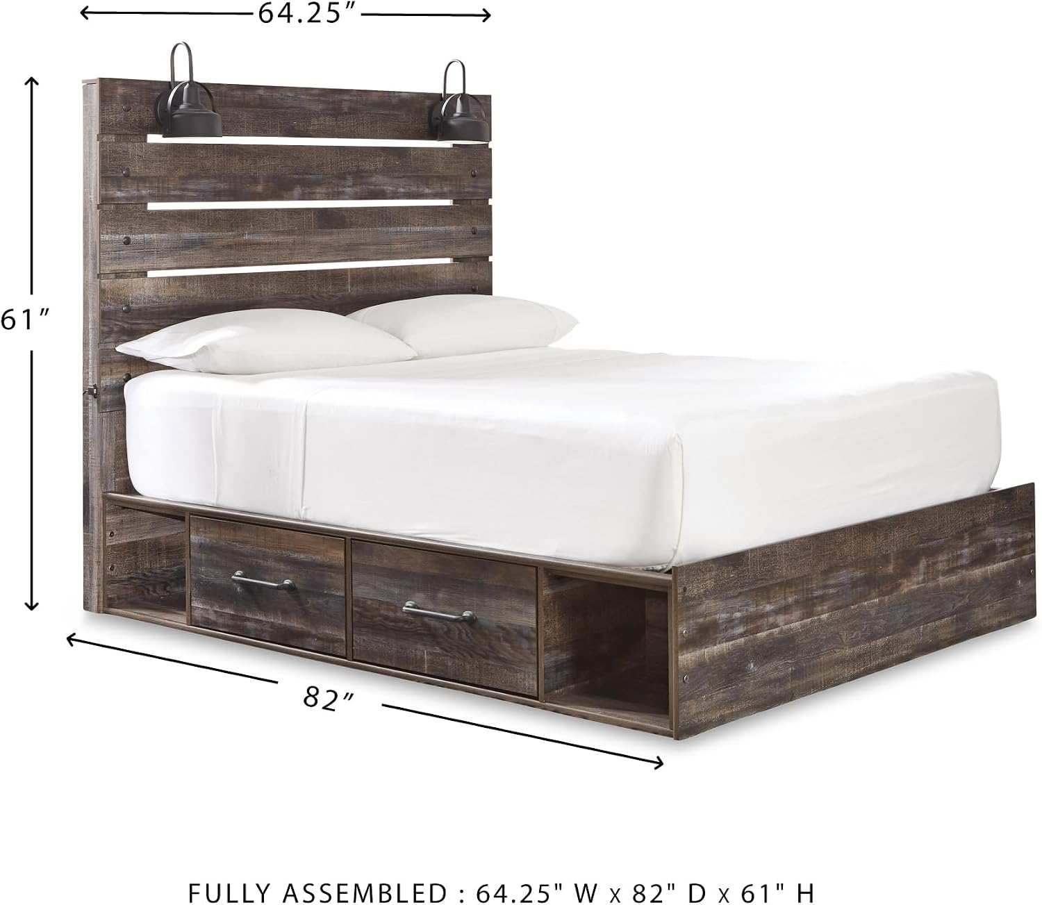 Signature Design by Ashley Drystan Rustic Queen Panel Platform Bed with 2 Storage Drawers, Open Cubbies, Sconce LED Lights and USB Ports, Foundation or Box Spring Not Needed, Dark Brown & Gray