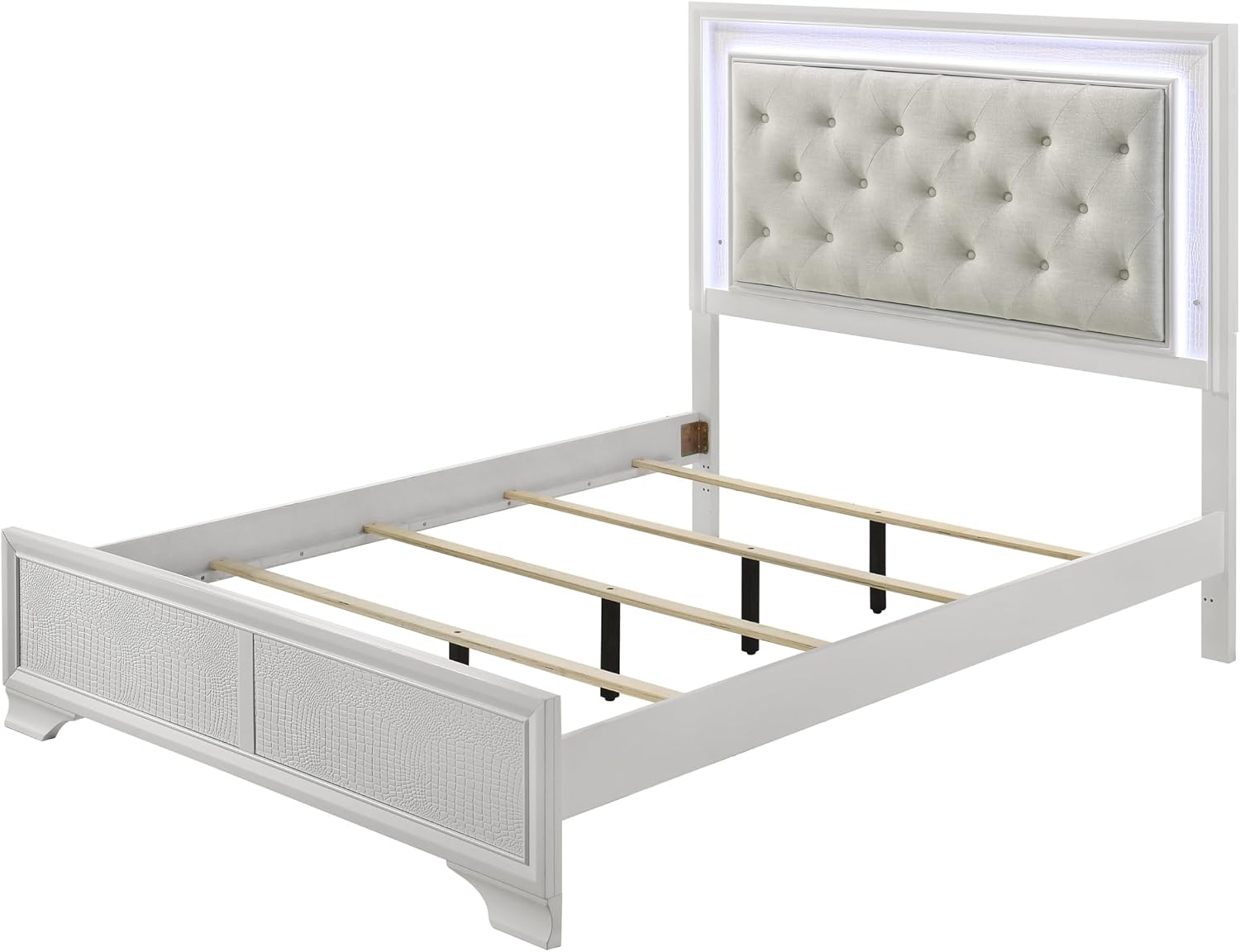 Modern Crisp White Textured Finish Tufted Headboard Integrated LED Lighting King Size 5pc Bed Set Bedroom Furniture