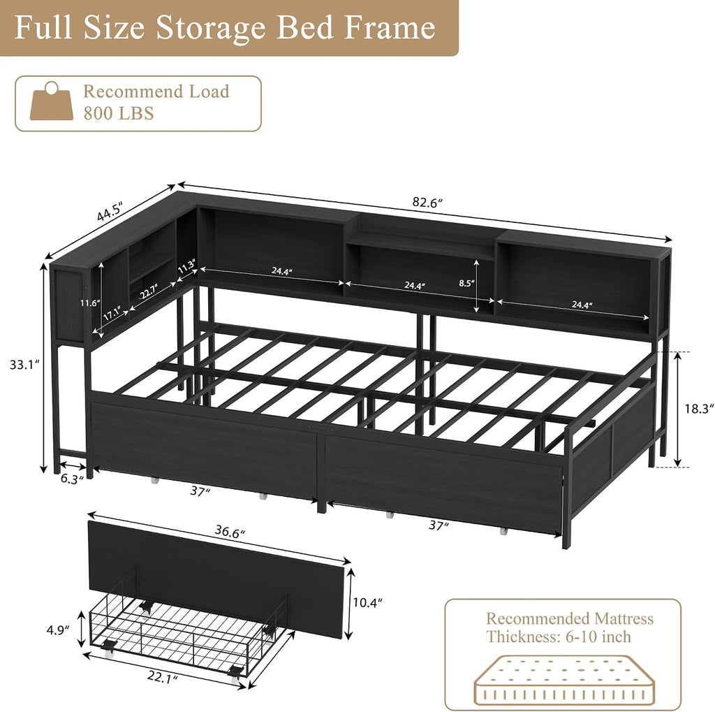Corner Bed Frame with High Footboard Design, Twin Size Bed Frame with 2 Storage Drawers and 8 Bookcases, Twin Size Daybed with Charging Station for Kids Teens
