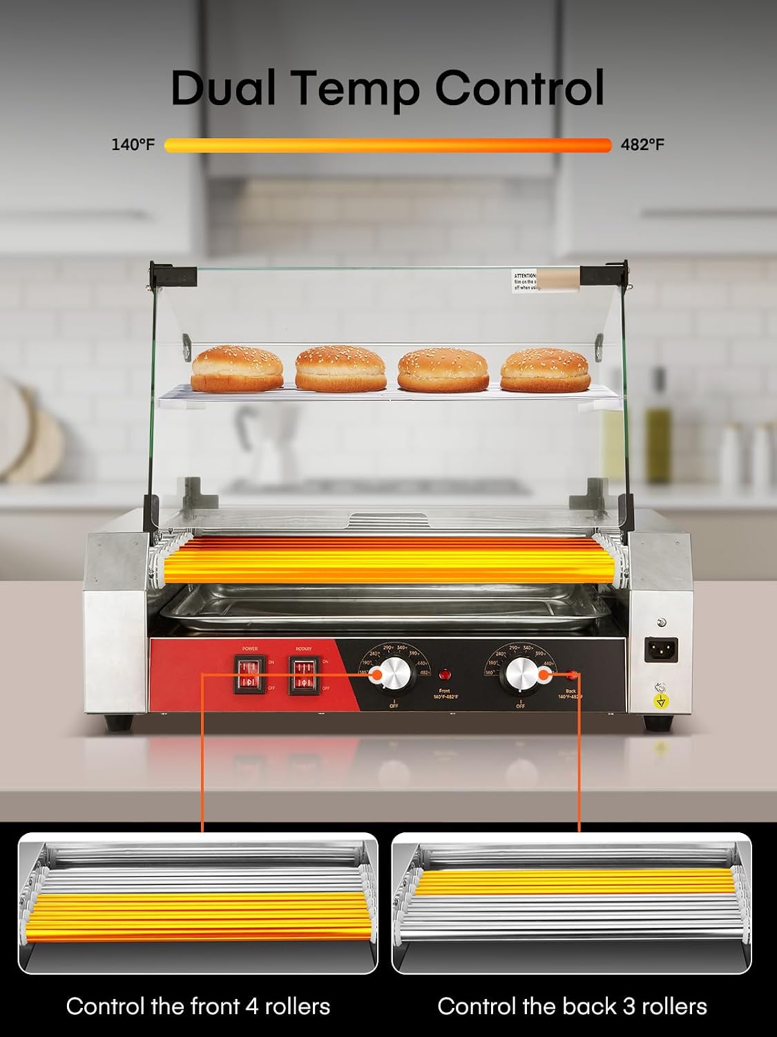 HOUSNAT Hot Dog Roller, 7 Rollers 18 Hot Dog Capacity,1050W Stainless Steel Hot Dog Machine with Bun Shelf, Drip Tray, Glass Cover & Dual Temp Control for for Kitchen, Party, and Canteen Use