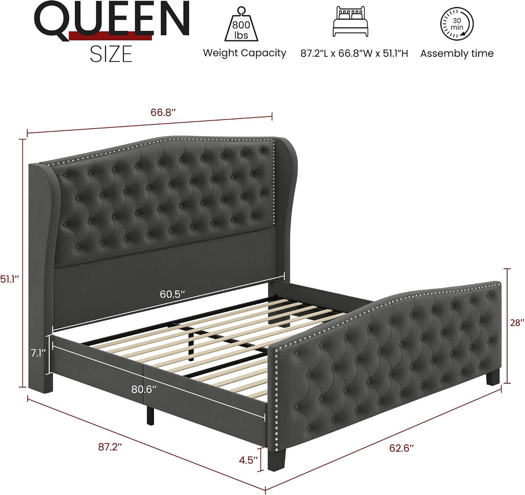 BRELTAM Upholstered Queen Size Bed Frame Velvet Tufted Platform Bed Frame with Wingback Headboard & Footboard, with Deep Button Tufted & Nailhead Wooden Slats Support, No Box Spring Needed,Grey