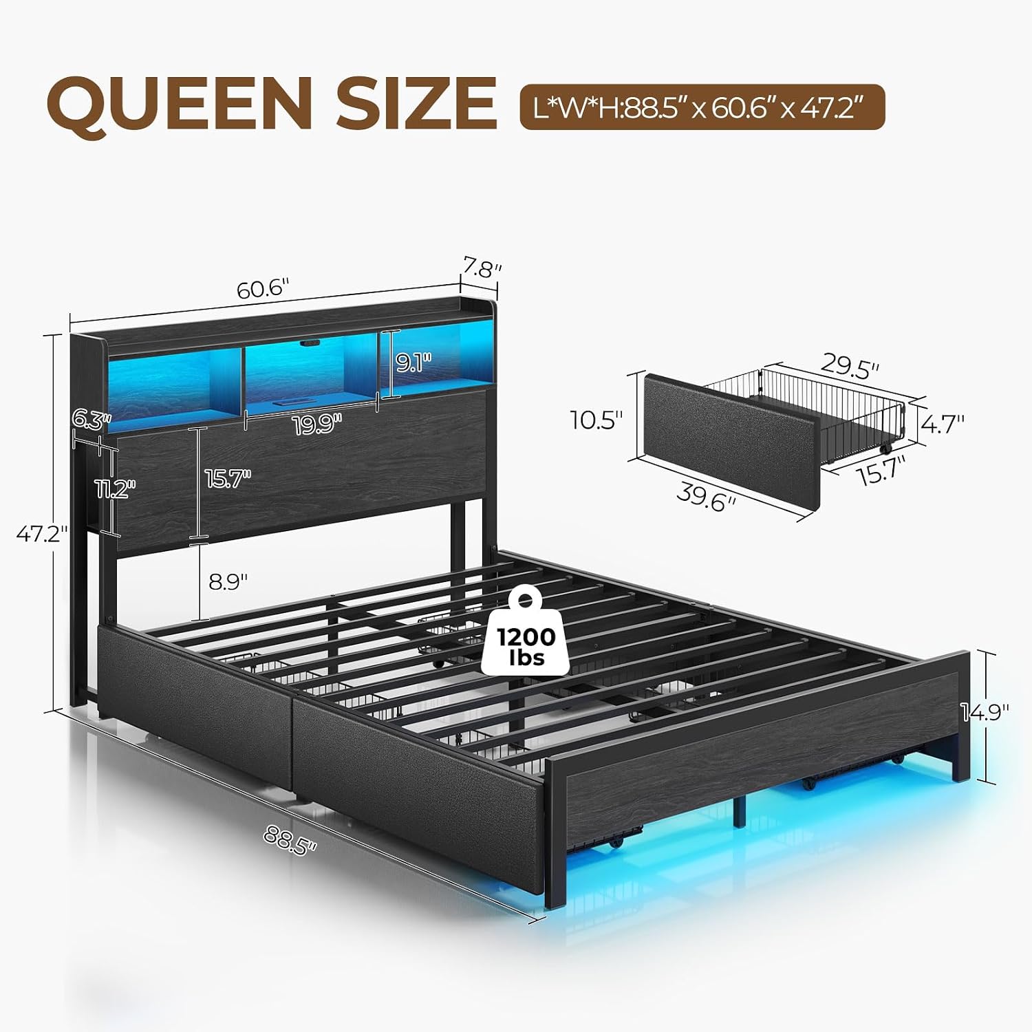 Rolanstar Queen Bed Frame with Storage,4-Drawer Platform Bed with USB Charging Station,Built in LED Lights and Bookcase Headboard,No Box Spring Needed,Easy Assembly,Noise-Free,Black