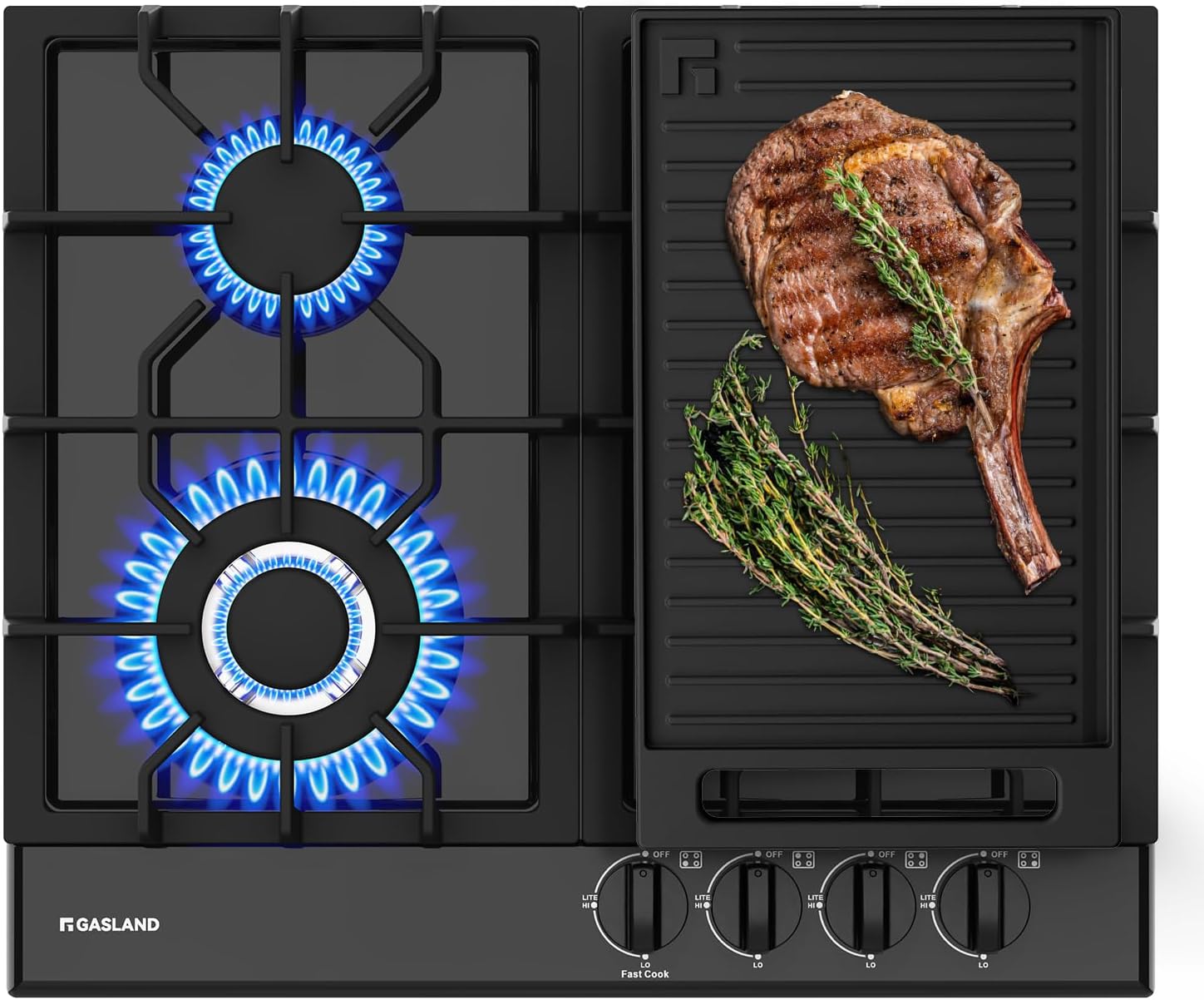 GASLAND 24 Inch Gas Cooktop with Griddle 4 Burners, GH60EF Drop-in Propane Stove Top with Thermocouple Protection, LPG/NG Convertible Dual Fuel Natural Gas Hob, Black