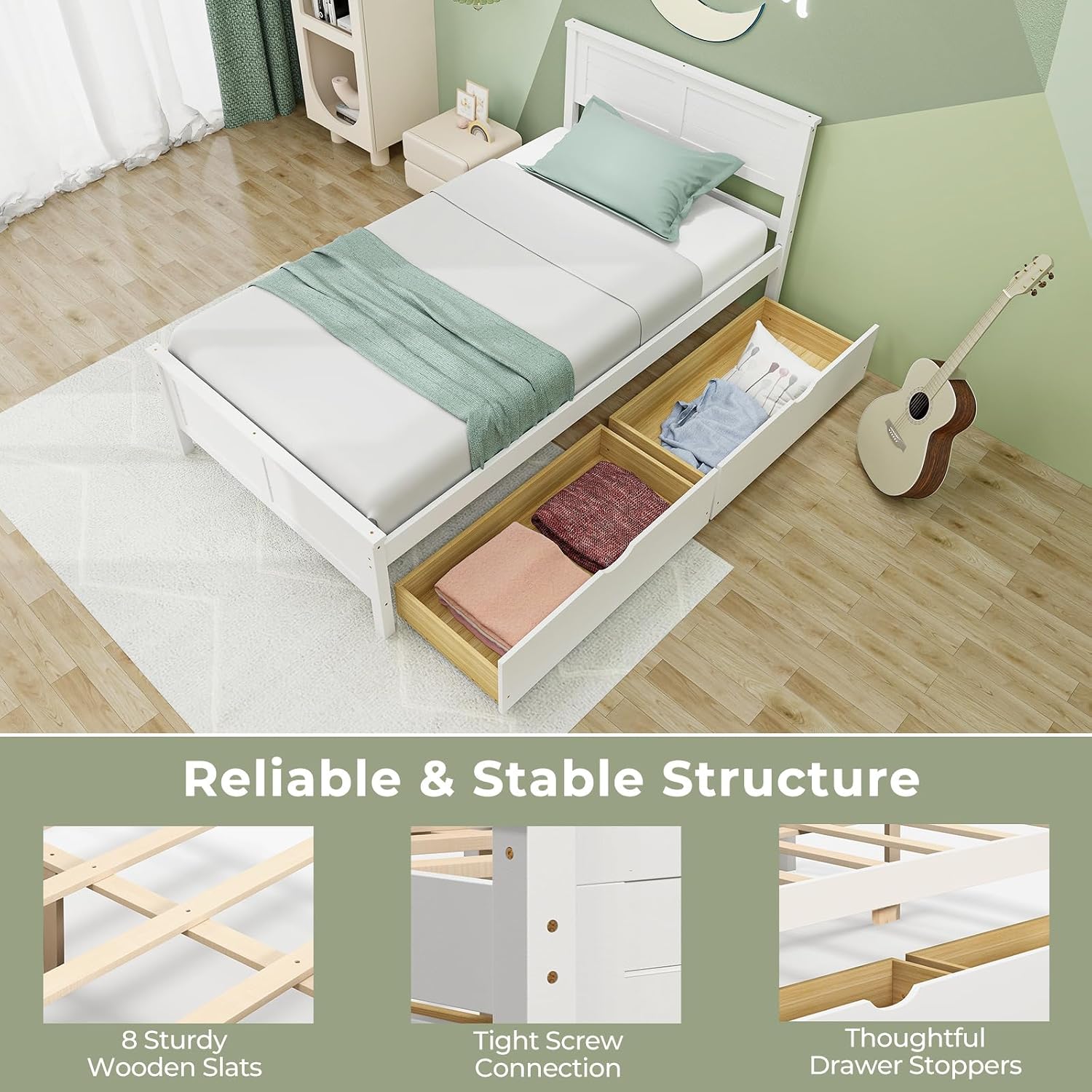 Giantex Wood Twin Bed with 2 Storage Drawers, Solid Wood Platform Bed with Headboard, Wooden Slats Support Mattress Foundation, No Spring Needed, Twin Bed Frame for Kids, Teens, Adults, White