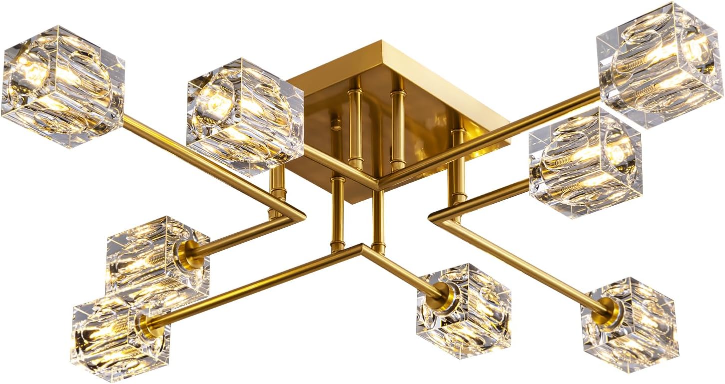 Modern Crystal Ceiling Light,Semi Flush Mount Ceiling Light Fixture with 8-Lights,Gold Sputnik Chandeliers for Bedroom,Dining Room,Farmhouse Kitchen,Office,Living Room
