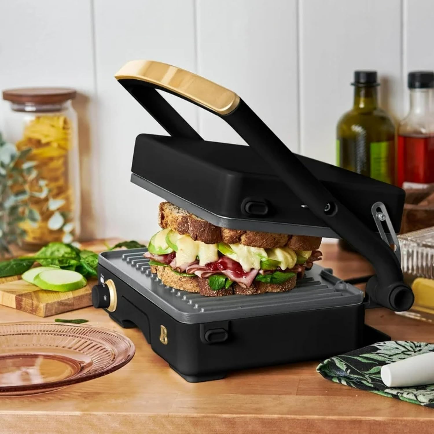 Panini Press Indoor Grill 2-in-1 Electric Contact Grill with Removable Nonstick Plates, 1200W Adjustable Temperature Sandwich Maker (Black Sesame)