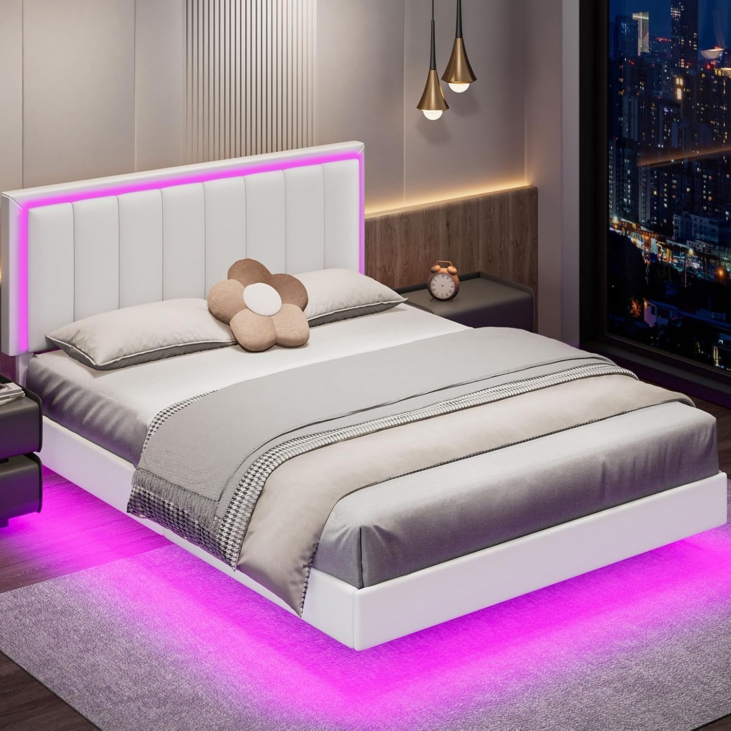 IMMERSTABLE Queen Size Floating Bed Frame with LED Lights, Upholstered Platform Bed with Headboard, 11 in Storage Clearance, Solid Wood Slats, No Box Spring Needed, Easy Assembly, White