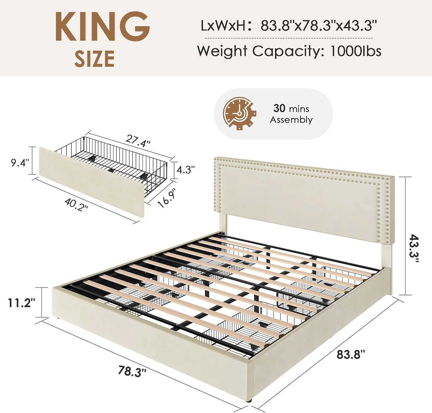 VECELO King Size Upholstered Bed Frame with 4 Storage Drawers, Adjustable Velvet Rivet Decor Headboard, Wooden Slats Platform Support, No Box Spring Needed, Easy Assembly,Beige