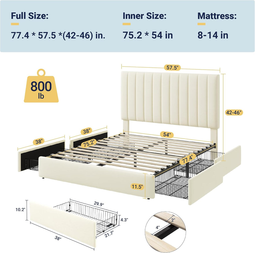 Allewie Full Size Storage Bed Frame, Vertical Channel Tufted Adjustable Headboard, Velvet Upholstered Platform Bed with 4 Oversized Underbed Drawers, Wooden Slats Support, No Box Spring Needed, Cream