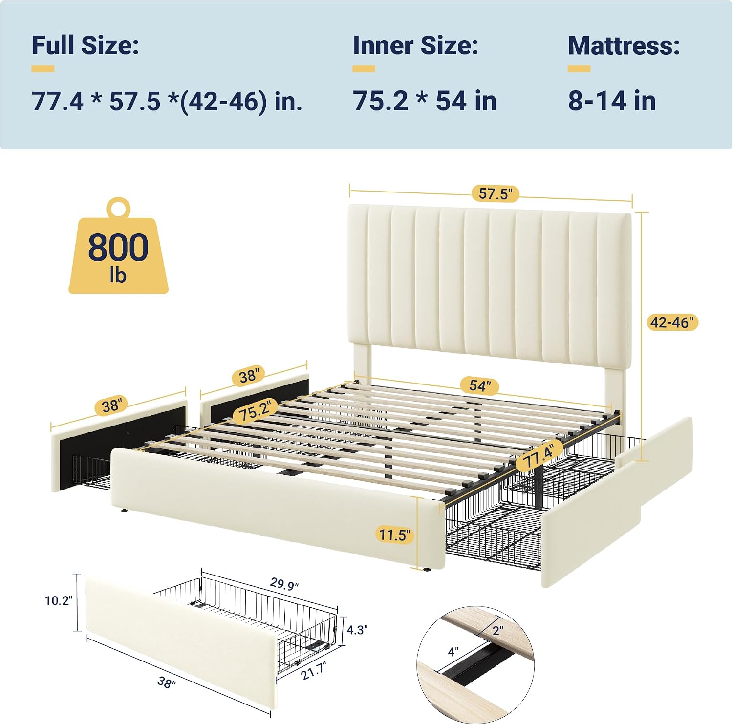 Allewie Full Size Storage Bed Frame, Vertical Channel Tufted Adjustable Headboard, Velvet Upholstered Platform Bed with 4 Oversized Underbed Drawers, Wooden Slats Support, No Box Spring Needed, Cream