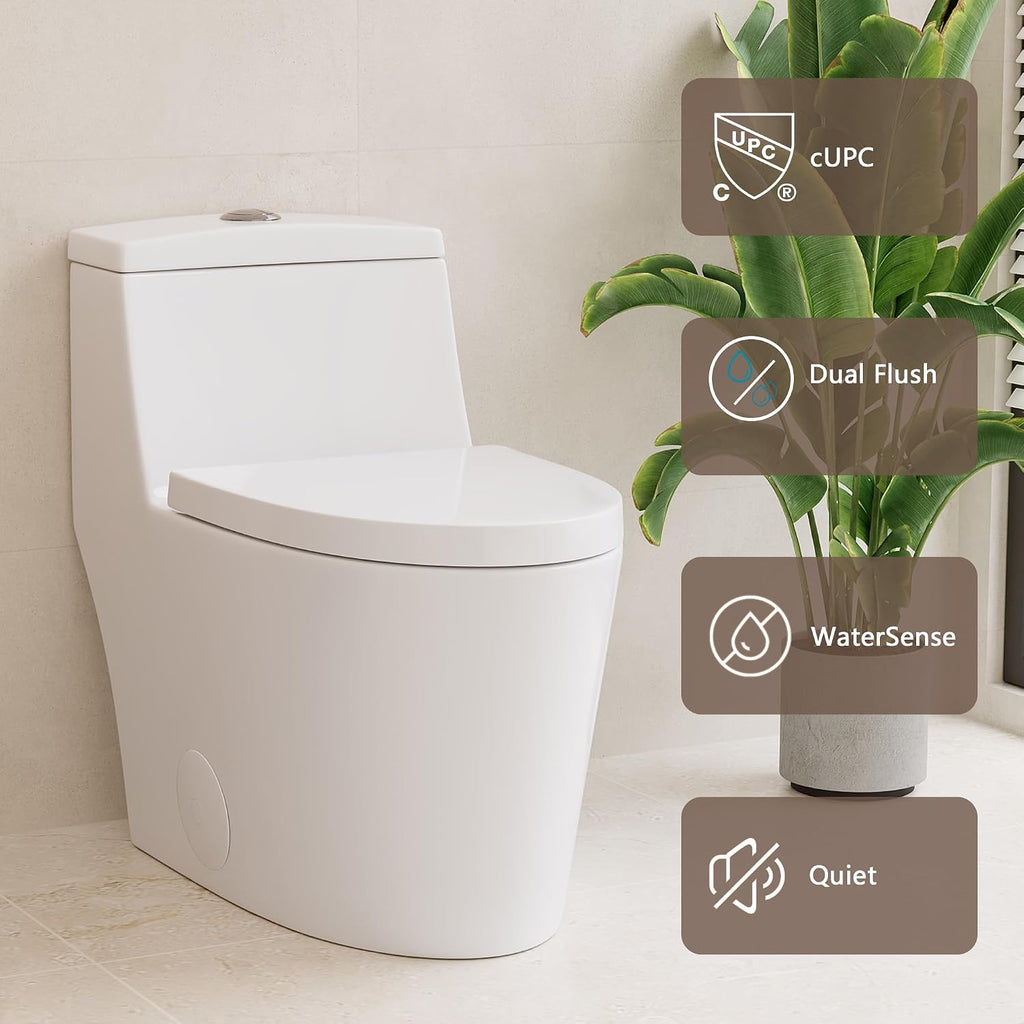 DeerValley Elongated One Piece Toilet with Standard Height Quick Release Seat Dual Flush 1.1/1.6 GPF White 12' Rough In Bathroom Toilet