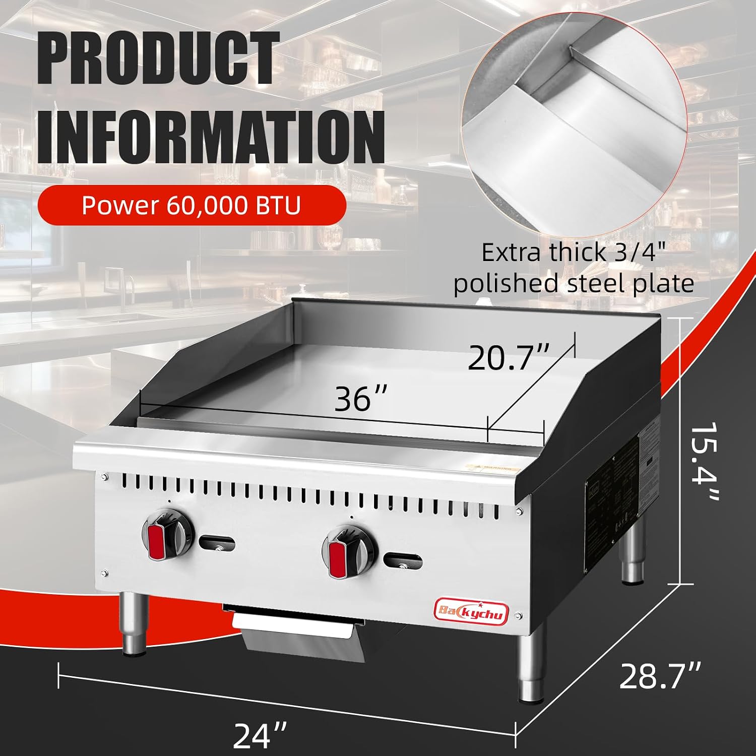Commercial Gas Griddle - 24' Countertop Griddle. 60,000 BTU Flat Top Griddle, Natural Gas (NG) / Propane, CSA Certified
