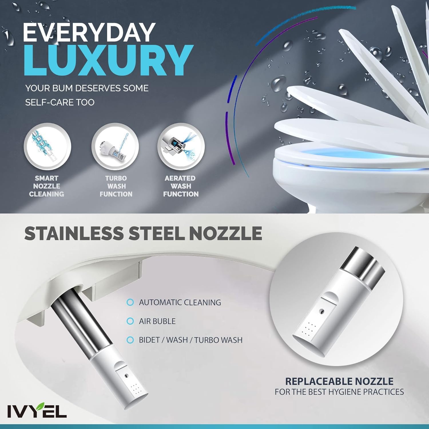 Electric Bidet Seat for Toilet, Elongated Smart Bidet with Remote, Unlimited Heated Water (Tankless), Stainless Steel Self-Cleaning Nozzle, Turbo Wash – Ivyel AP-7 REM
