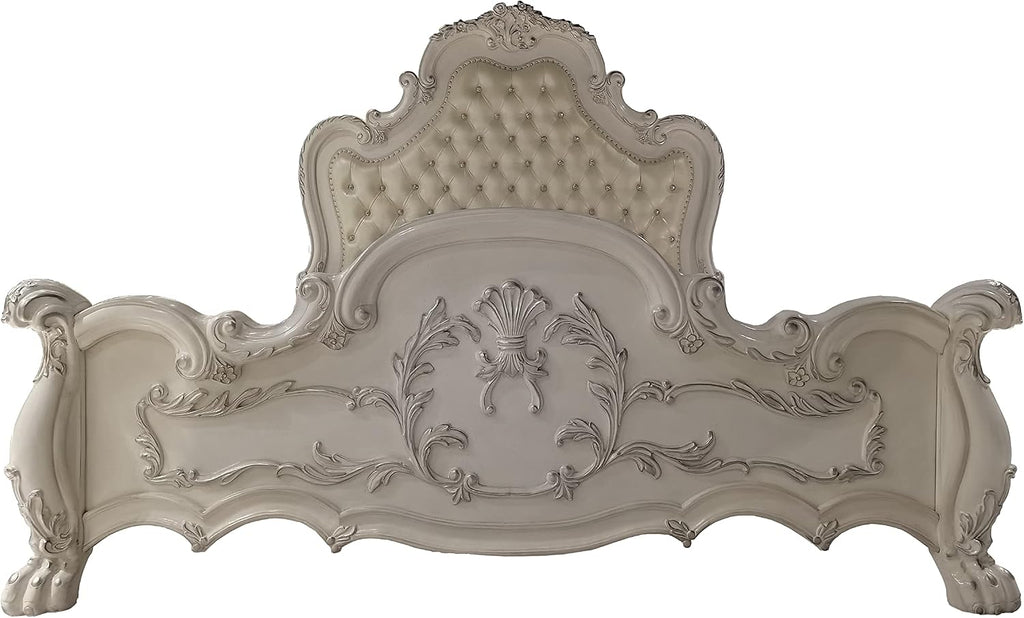 Acme Dresden Wooden Bed with Faux Leather Upholstery in Bone White