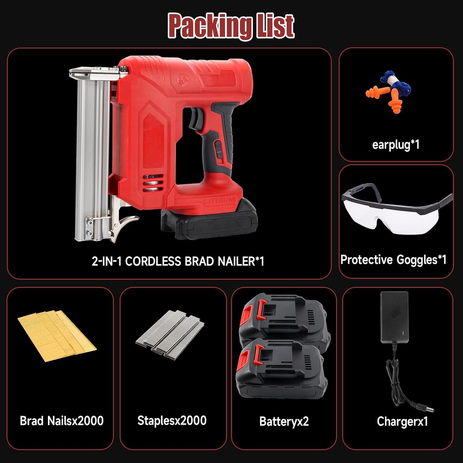 JOJOCY 21V Cordless Brad Nailer Stapler Kit, 2 2.0Ah Batteries, 18GA 2000 Nails & Staples, 2 Firing Modes, Safety Lock for Carpentry DIY Woodworking