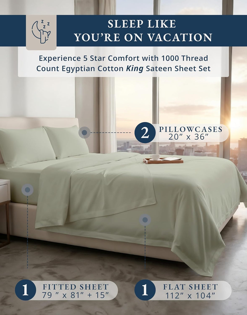 100% Egyptian Cotton King Size Sheets Set – Luxury 1000 Thread Count Buttery Soft & Durable Christmas Sheets King Size, Sateen Winter Sleep Comfort, Snug Fit 15' Deep Pocket, Hotel Comfort - Mineral